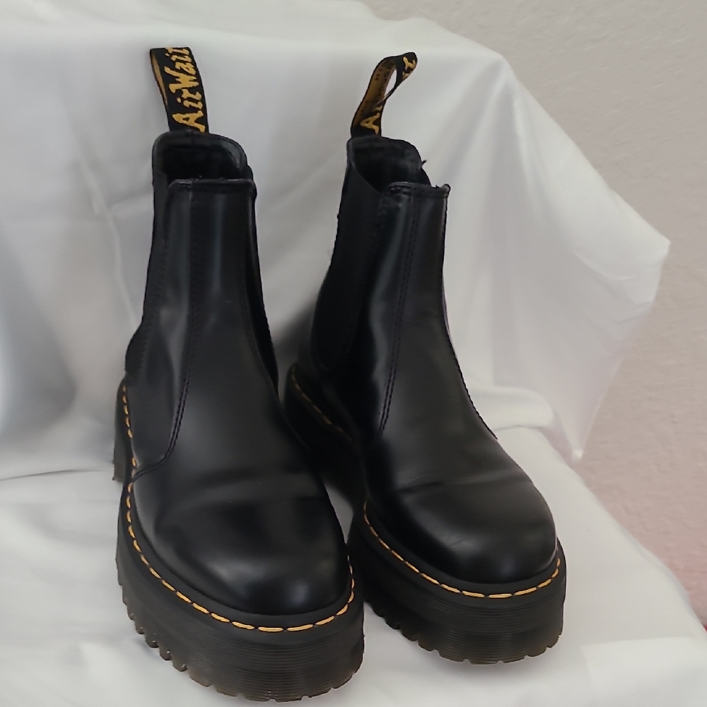 Dr. Martens Black Leather Platform Chelsea Boots with Yellow Stitching